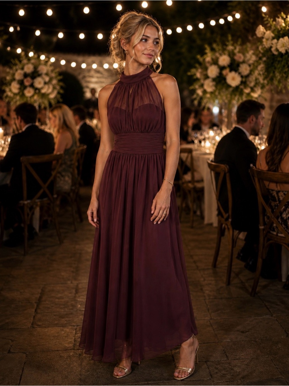 Bill Levkoff Sleeveless Halter Chiffon Evening Gown
